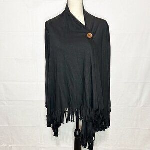 Chatoyant Big Button Wrap Cardigan Tunic Top Size 2XL Black Knit Fringe